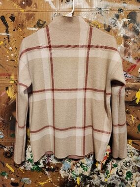 Tahari Beige and Burgundy Plaid Turtleneck Sweater
